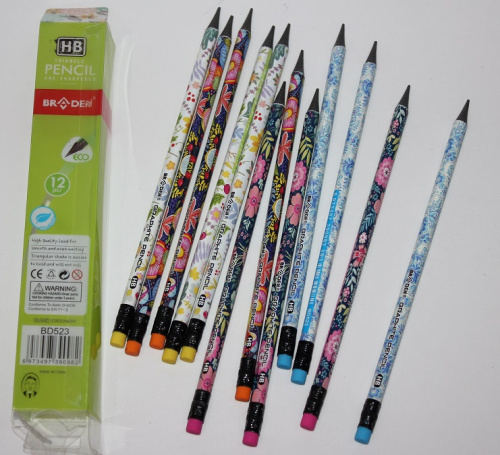 Простой карандаш 523 трехгранный,цветочный рисунок